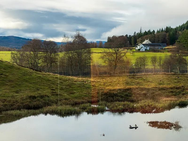 Paesaggio delle Highland con un laghetto e i boschi del Cairngorms